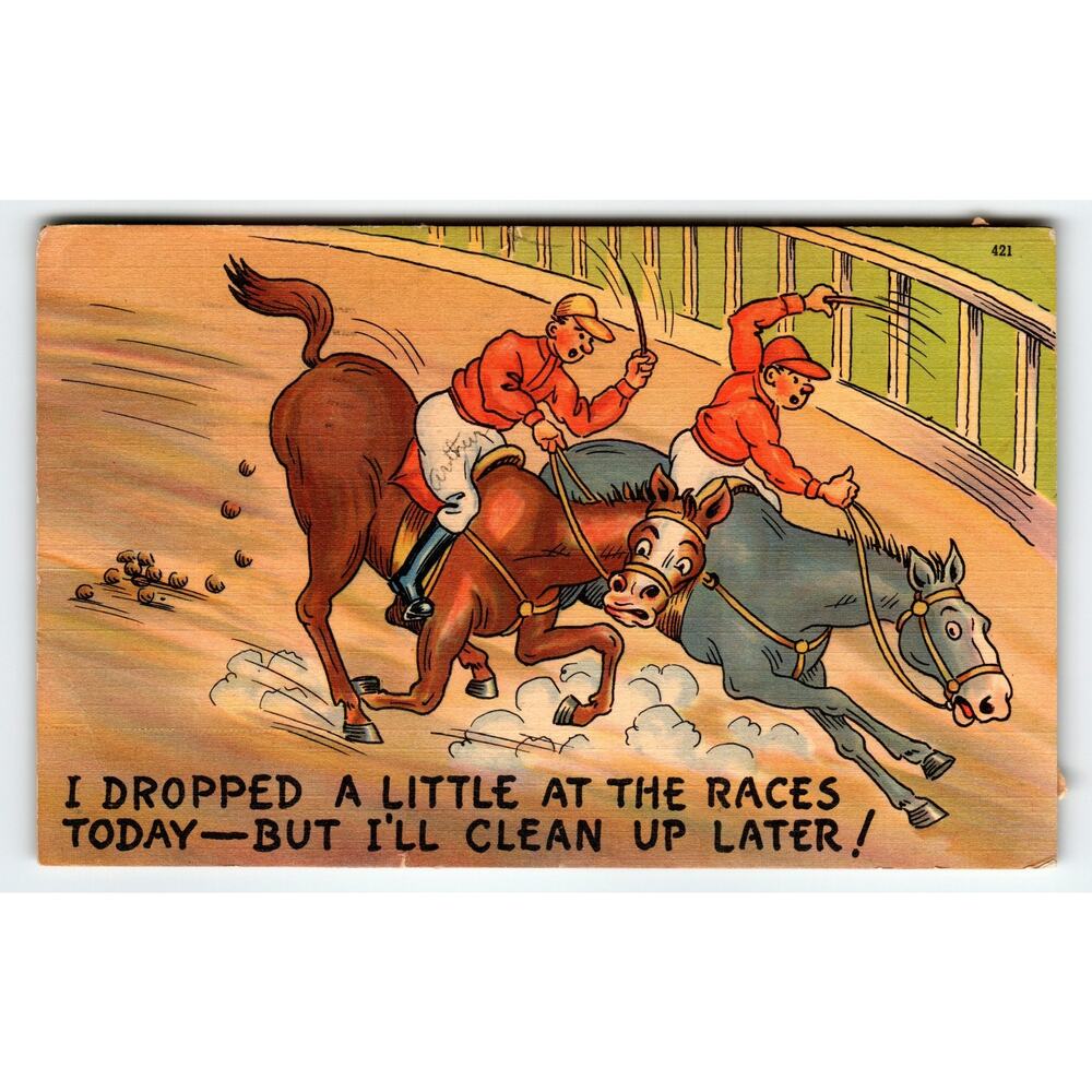 Vintage 1943 Linen Comic Postcard Horse Racing Saying Divided Back